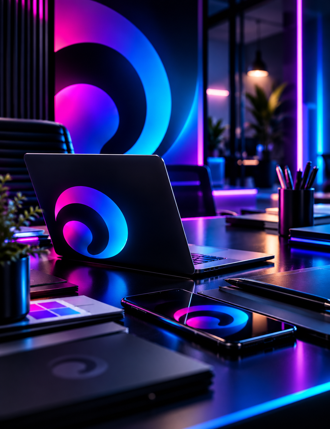 Bureau de l’agence en lumière bleu-violet, ordinateur et téléphone marqués de la vague I.C.I.